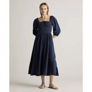 Quince Organic Cotton Gauze Smocked Square Neck Midi Dress Indigo Blue NWT Large